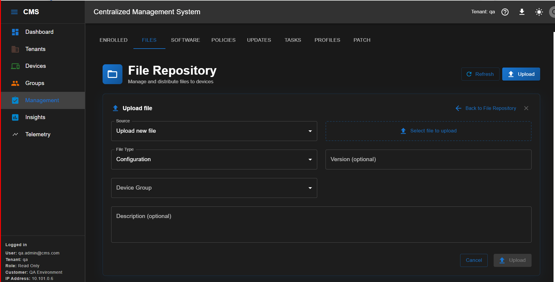 File type selector in Management > Files > Upload