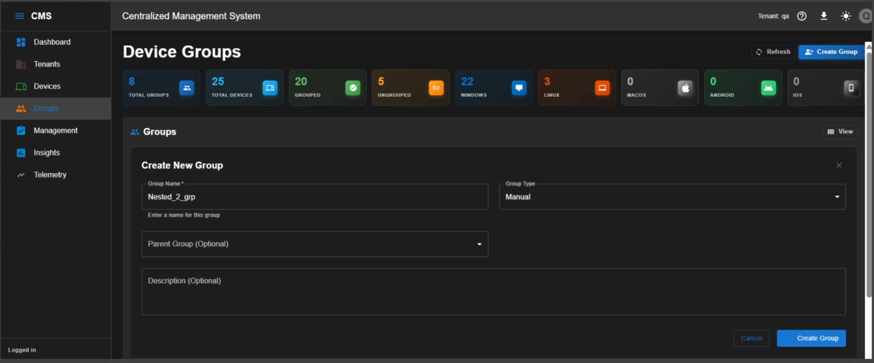 Create Group dialog with group details