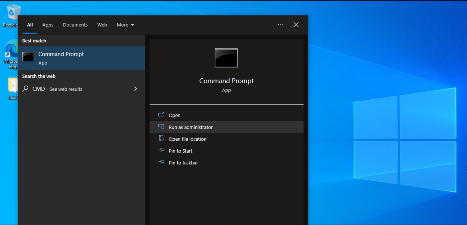 Command Prompt opened with Run as administrator