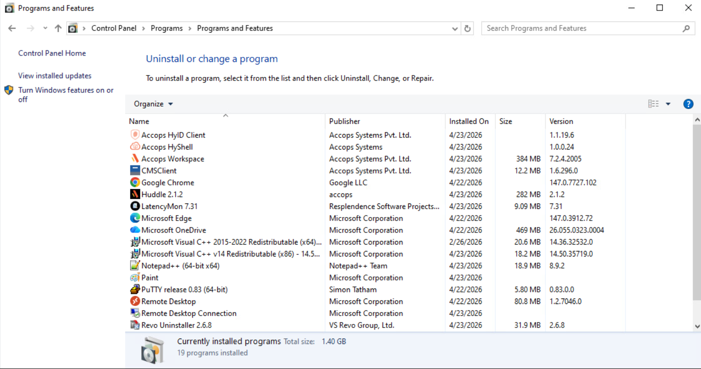 Programs and Features showing installed applications